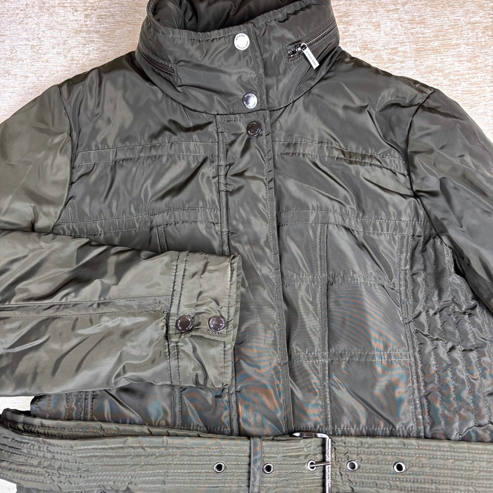 Michael Kors Trench Puffer Snow Jacket Belted Hidden Hood Dark Green Womens Sz M